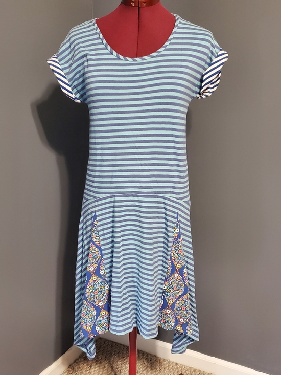 Matilda Jane Dresses & Skirts - Matilda Jane Navy and Teal Striped Dress Floral Accents Drop Waist Women's SZ S